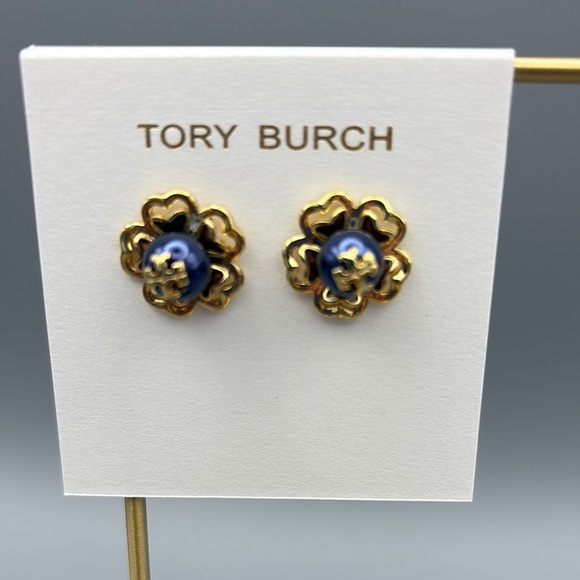 Tory Burch Gold Tone and Blue Pearl Floral Earrings with Heart Cut-outs - Picture 1 of 4